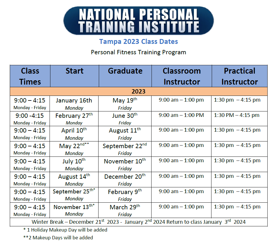 tampa personal trainer class schedule 2023