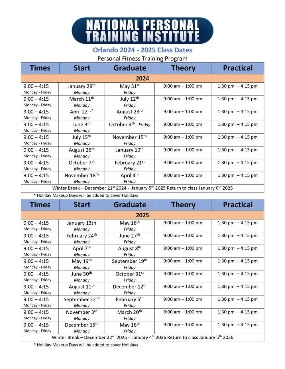 NPTI Orlando 2024 - 2025 Personal Fitness Program Class Dates