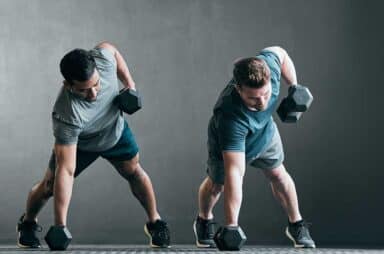 Workout, dumbbell and fitness friends with arm training